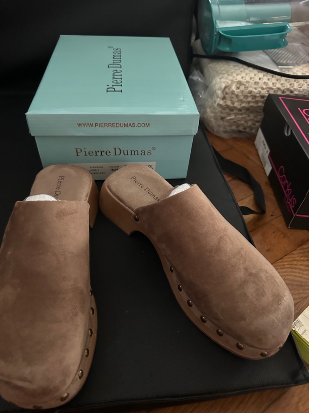 Pierre Dumas Taupe Suede Studded Clog Mules
